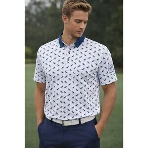Greyson White Puffin Print Polo Performance Golf Shirt Size Medium